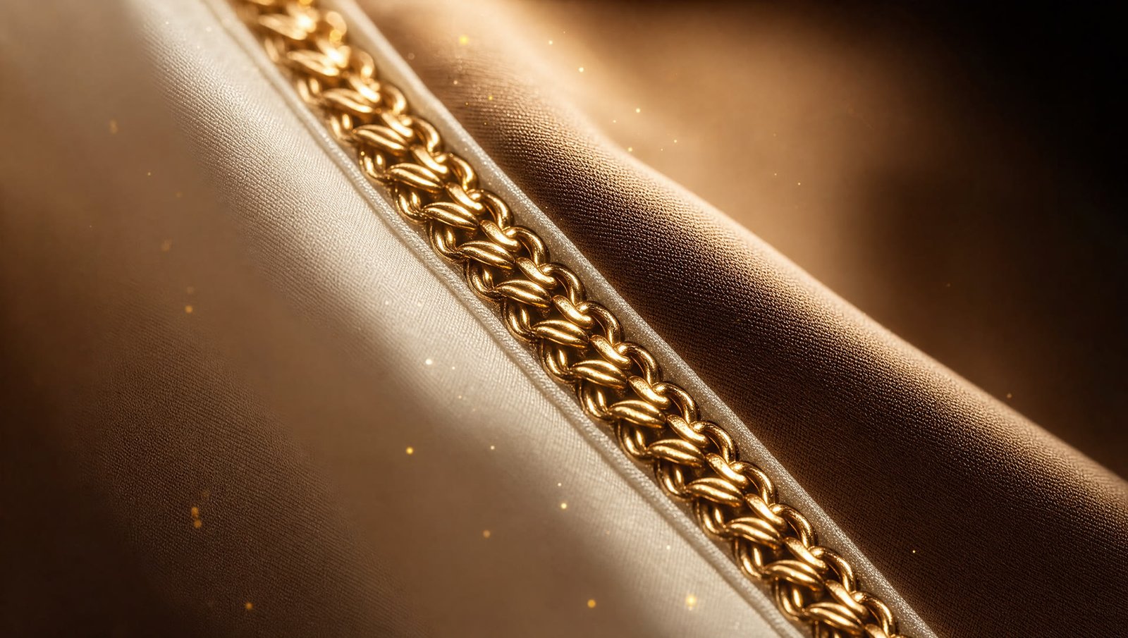 Close-up of camel crepe meeting an ivory facing, edged with gold braid
