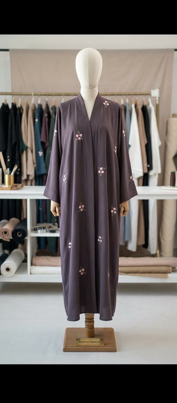 Dusk Plum Blossom Abaya on a dress form