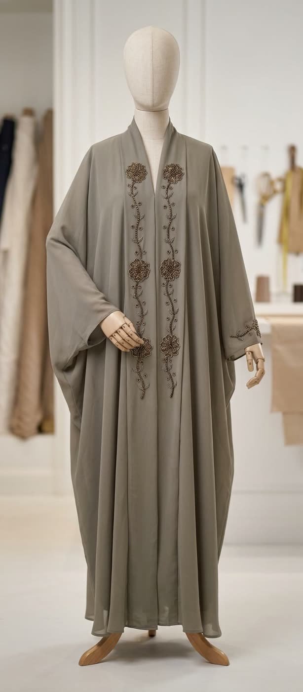 Olive Bronze Flower Abaya on a dress form